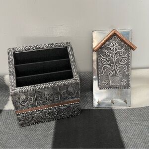 Vintage Metal Embossed Floral Letter Mail Desk Organizer Box and Key Hook India